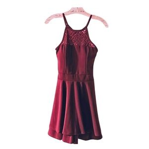 Planet Gold Deep Maroon Lace Halter Skater Dress, Size S